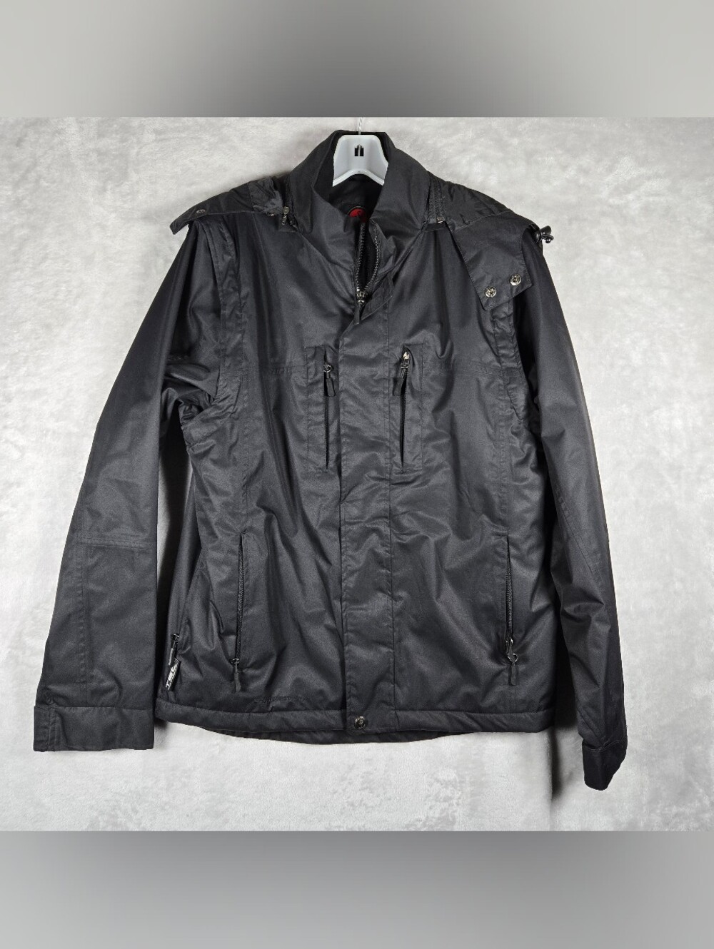 ScotteVest Convertible Jacket Mens Medium M Black Hooded Zip Off Sleeves Travel